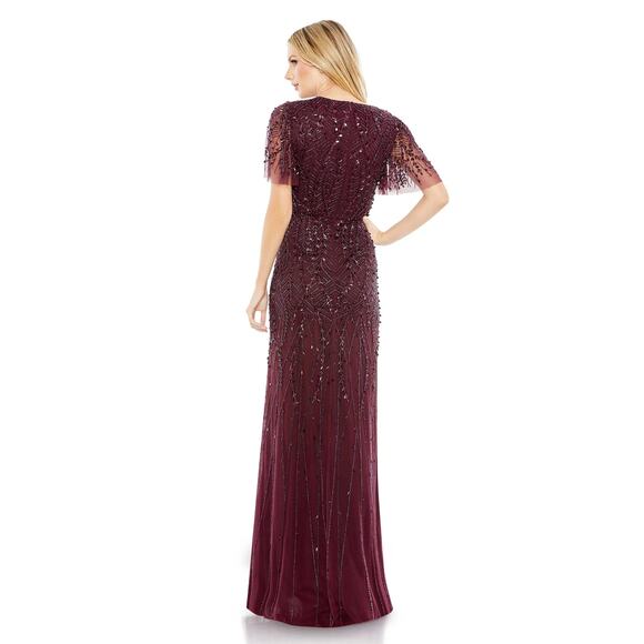 MAC DUGGAL 35109 Embellished Flutter Sleeve Column Gown Aubergine Red 12 NEW - Picture 2 of 8